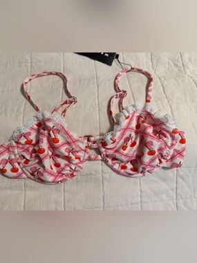 Pink Cherry Print Lace Trim swim top